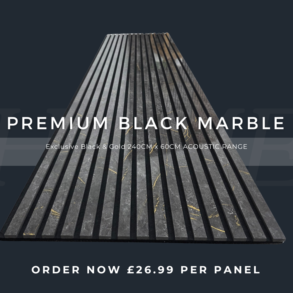 Pannello murale acustico a listelli 240 cm x 60 cm effetto Marmo Nero e Oro